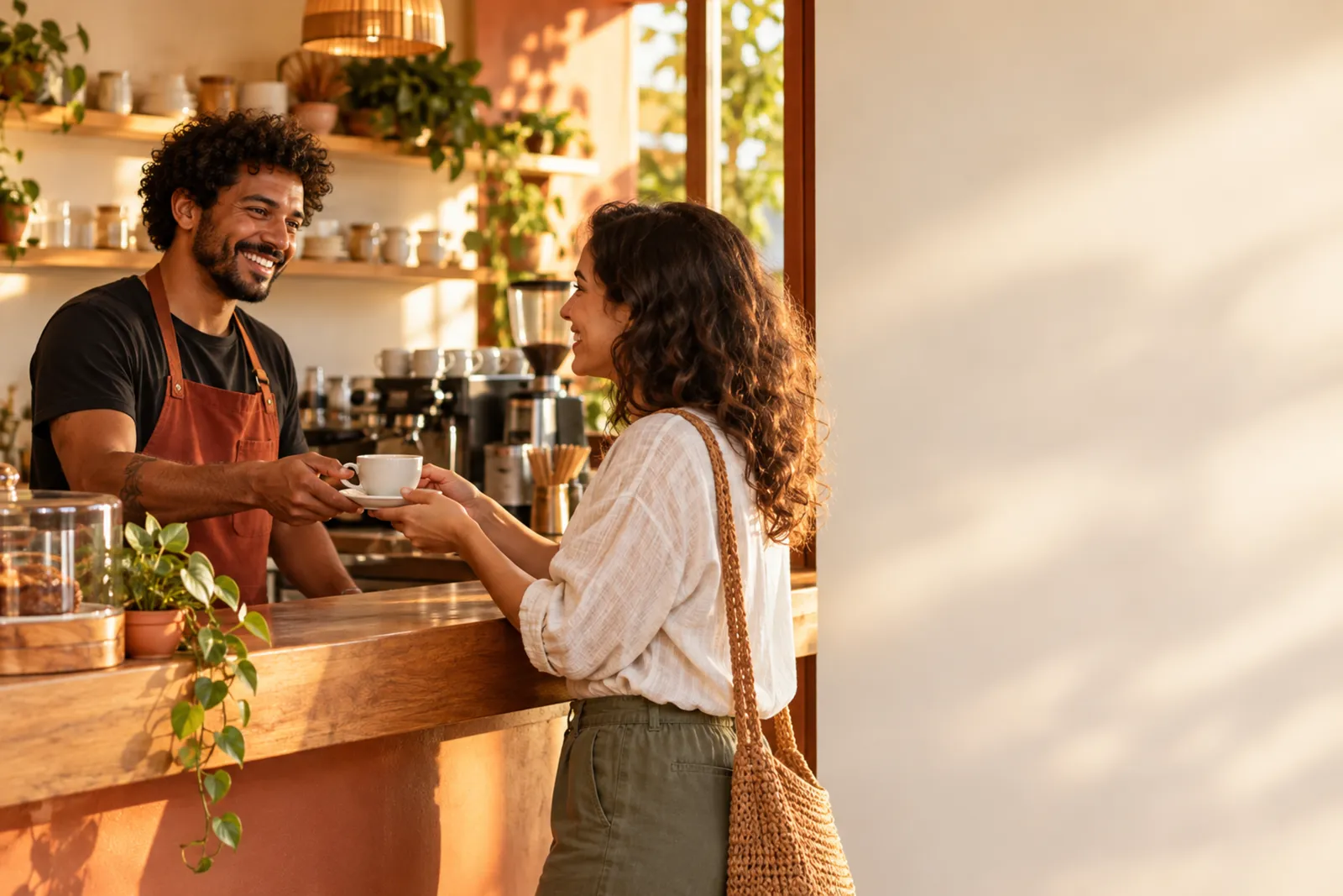 Barista entregando um café a uma cliente no balcão