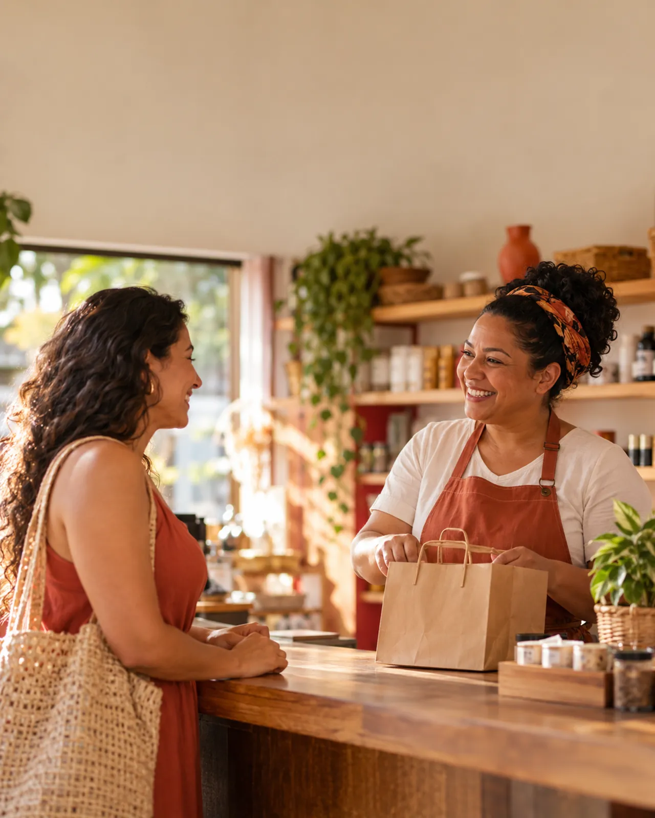 Dona do negócio conversando com um cliente no caixa