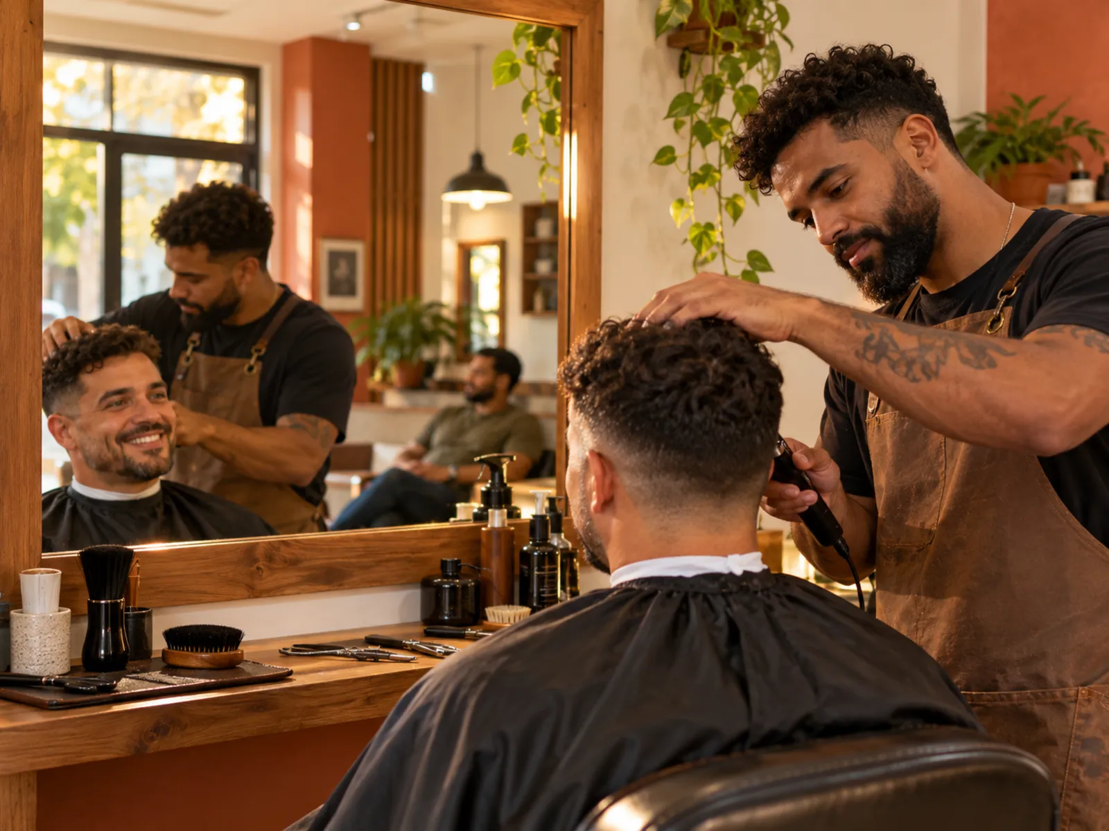 Barbeiro finalizando o corte de um cliente