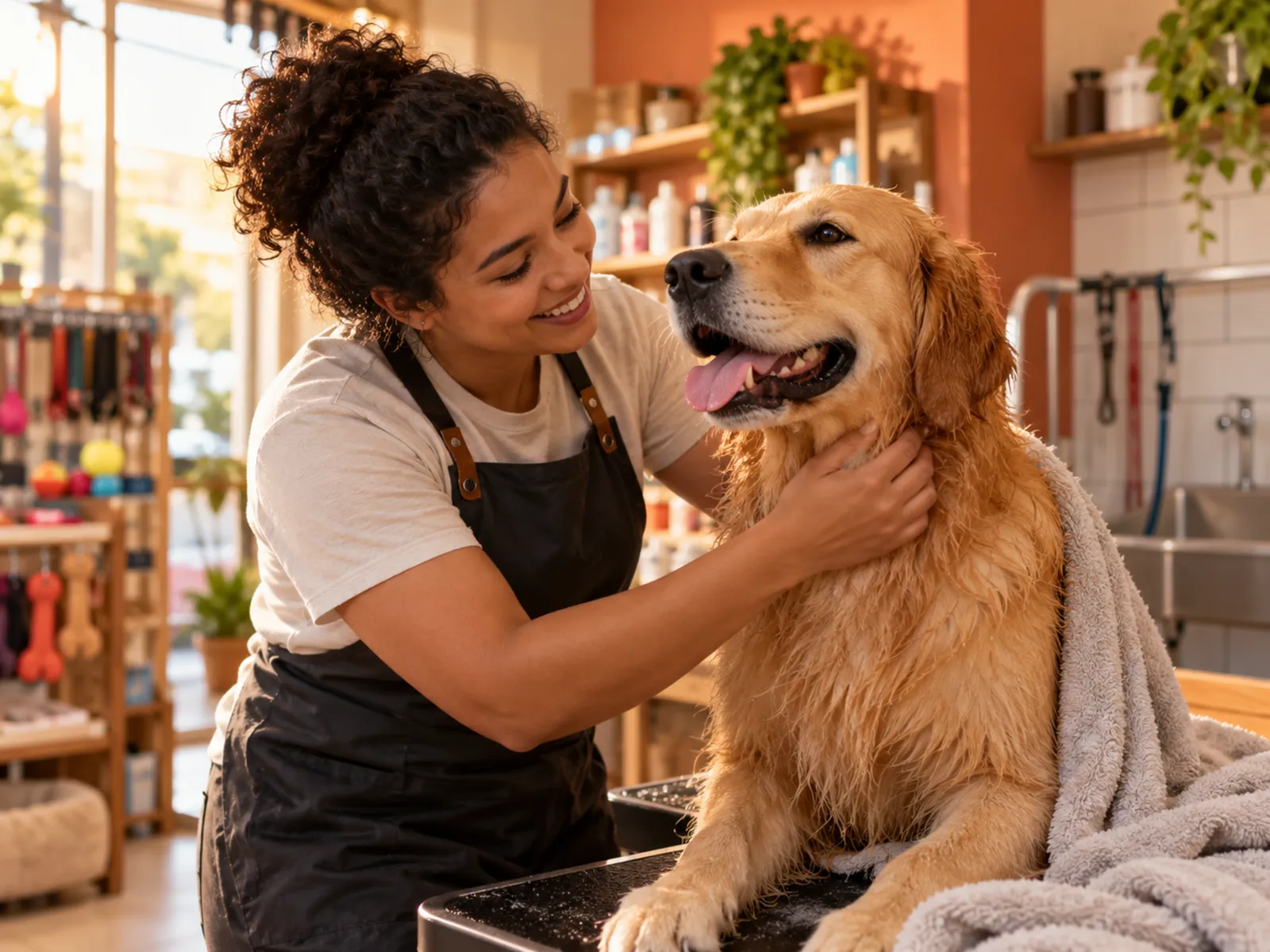 Atendente de pet shop com um golden retriever