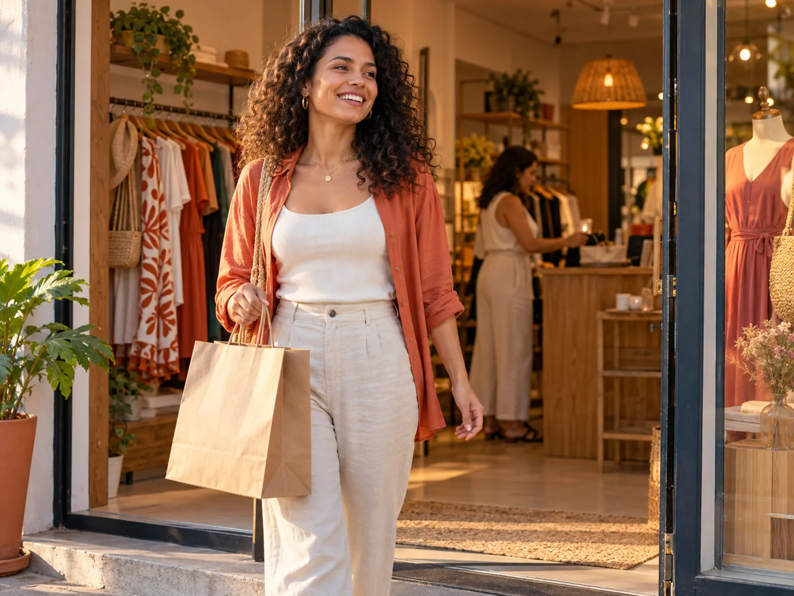 Cliente saindo de uma boutique com sacola
