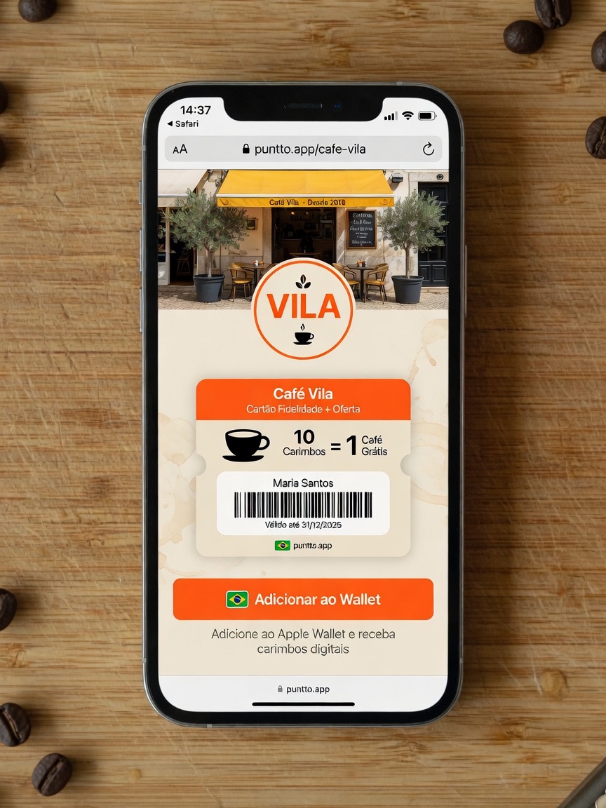 Página puntto.app/cafe-vila en el celular con botón Añadir al Wallet
